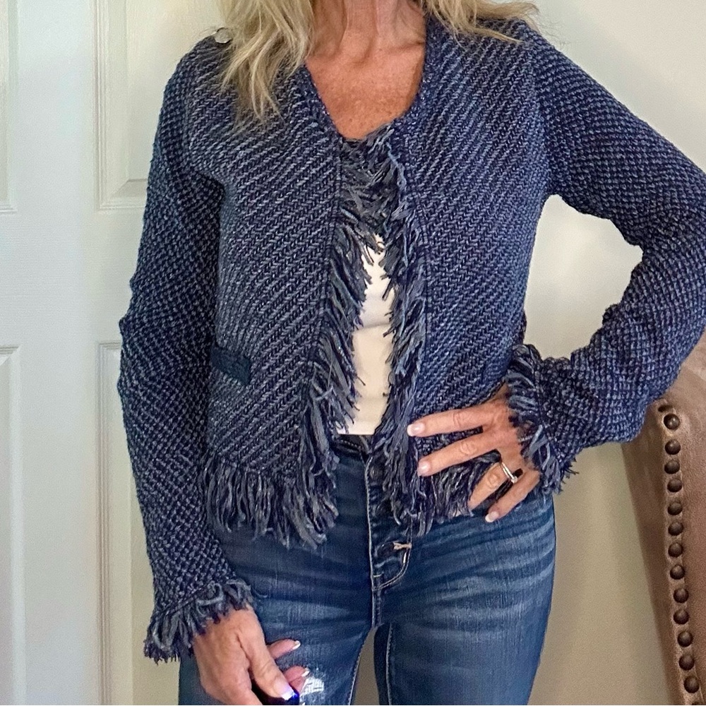White House Black Market Navy Fringed Cardigan Jacket Small